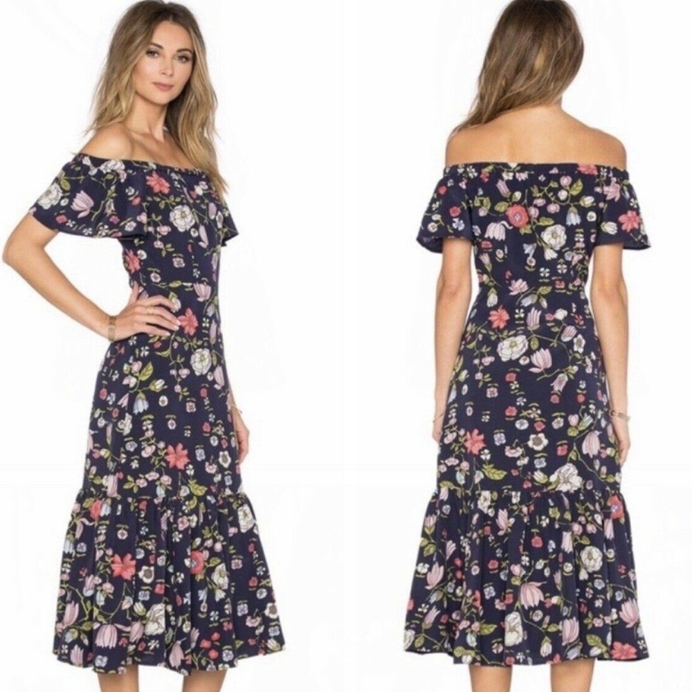 Rebecca Taylor Silk Off The Shoulder Tapestry Garden Floral Midi Dress Size 4